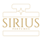 A minimalist gold logo for 'SIRIUS PERFUMES' centered on a solid white background, featuring a perfume bottle outline above the brand name.
